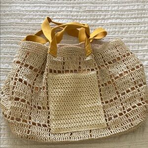 Universal Thread Tan Crochet Tote with Yellow Handles